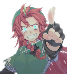 Rule 34 | 1girl, adapted costume, aqua eyes, blush, braid, fang, female focus, fingerless gloves, foreshortening, gloves, grin, hat, highres, hong meiling, long hair, morino hon, pointing, portrait, red hair, simple background, smile, solo, tears, touhou, upper body