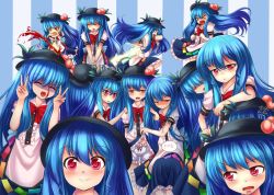 Rule 34 | &gt; &lt;, 6+girls, anger vein, bad id, bad pixiv id, blood, bloomers, blue hair, blush, bow, closed eyes, double v, food, fourth wall, fruit, hat, unworn hat, head under skirt, unworn headwear, hinanawi tenshi, jitome, leaning on person, looking at viewer, maru daizu (aqua6233), multiple girls, multiple persona, no headwear, no pants, open mouth, peach, pink eyes, puffy short sleeves, puffy sleeves, shirt, short sleeves, skirt, smile, sweatdrop, sword of hisou, tongue, tongue out, touhou, underwear, v, v arms