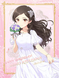 Rule 34 | 1girl, 2023, absurdres, bouquet, brown eyes, brown hair, character name, collarbone, dated, dress, earrings, floating hair, flower, framed, grey gemstone, grey nails, grey ribbon, hair ribbon, happy birthday, highres, holding, holding bouquet, idolmaster, idolmaster million live!, idolmaster million live! theater days, jewelry, kitazawa shiho, long dress, long hair, nail polish, necklace, parted bangs, purple flower, ribbon, shiro (ongrokm), short sleeves, skirt hold, solo, standing, white dress, white flower, white ribbon