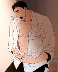 Rule 34 | 1boy, abs, balnom, bara, collared shirt, dressing, facial hair, feet out of frame, highres, korean text, light blush, male focus, mature male, muscular, muscular male, navel, original, pectoral cleavage, pectorals, shirt, short hair, sideburns, sleeves rolled up, solo, stomach, stubble, sunlight, translation request, white shirt, yawning