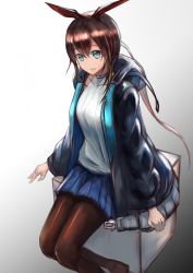 Rule 34 | 1girl, absurdres, amiya (arknights), animal ears, arknights, black jacket, blue eyes, brown hair, rabbit ears, highres, hood, hooded jacket, jacket, jewelry, long hair, looking at viewer, multiple rings, nana kamiii, neck ring, open clothes, open jacket, open mouth, pantyhose, ponytail, ring, shirt, sitting, skirt, sleeveless, sleeveless shirt, smile, solo, thumb ring