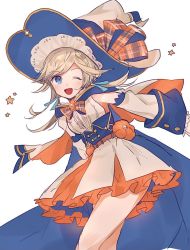 Rule 34 | 1girl, belt, blonde hair, blue eyes, blue ribbon, cape, capelet, commentary request, corset, cucouroux (granblue fantasy), cucouroux (halloween) (granblue fantasy), detached sleeves, dress, frilled dress, frills, granblue fantasy, hair ribbon, hat, hat ribbon, highres, leaning forward, long hair, official alternate costume, one eye closed, open mouth, pumpkin, ribbon, simple background, sleeveless, sleeveless dress, solo, star (symbol), to to mura, white background, white dress, white hat, witch hat