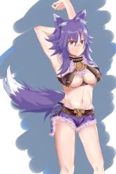 Rule 34 | 1girl, animal ear fluff, animal ears, arms up, blush, breasts, collar, fur-trimmed shorts, fur trim, groin, highres, large breasts, looking at viewer, makoto (princess connect!), metal collar, navel, o-ring, o-ring top, princess connect!, purple hair, purple shorts, shorts, solo, tail, underboob, wolf ears, wolf girl, wolf tail, yellow eyes