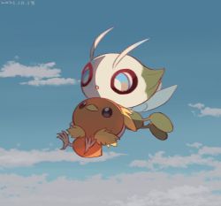 Rule 34 | blue eyes, bright pupils, celebi, cloud, commentary request, creatures (company), dated, day, game freak, gen 2 pokemon, gen 3 pokemon, highres, holding, holding pokemon, leels, legendary pokemon, looking down, mythical pokemon, nintendo, no humans, outdoors, pokemon, pokemon (creature), sky, torchic, white pupils