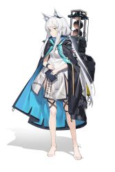 Rule 34 | 1girl, 2t (vmyz7342), animal ears, arknights, black cape, cape, cat ears, dress, green eyes, highres, infection monitor (arknights), long hair, rhodes island logo (arknights), rosmontis (arknights), standing, white background, white dress