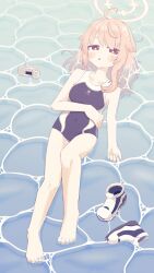 Rule 34 | 1girl, absurdres, alternate costume, alternate hairstyle, artist request, blue archive, check artist, collarbone, halo, highres, medium hair, natsu (blue archive), no shoes, on water, one-piece swimsuit, pink hair, pink halo, r0k0 m0k0, red eyes, school swimsuit, shoes, solo, swimsuit, trinity general school swimsuit, water