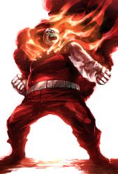 Rule 34 | 1boy, boots, dc comics, facial hair, fat, fat man, fire, glasses, gloves, highres, human flame, male focus, mustache, naratani, open mouth, red eyes, simple background, solo, teeth, white background