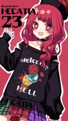 Rule 34 | 1girl, :d, arm up, black headwear, black sweater, character name, choker, clothes writing, cowboy shot, earrings, earth (planet), heart, hecatia lapislazuli, highres, jewelry, kyouda suzuka, long sleeves, looking at viewer, medium hair, moon, multicolored clothes, multicolored skirt, nail polish, open mouth, plaid, plaid skirt, planet, red background, red eyes, red hair, red nails, simple background, skirt, sleeves past wrists, smile, solo, standing, star-shaped pupils, star (symbol), sweater, symbol-shaped pupils, touhou, twitter username, v-shaped eyebrows