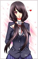 Rule 34 | 10s, 1girl, alternate hairstyle, artist name, blush, breasts, brown hair, date a live, dotted line, hair over one eye, hand on own chest, heart, highres, kazucchi, red eyes, school uniform, skirt, smile, solo, tokisaki kurumi, twintails