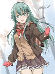 Rule 34 | 1girl, :d, aqua hair, artist name, bow, bowtie, brown cardigan, brown jacket, brown skirt, cardigan, cowboy shot, dated, frilled skirt, frills, gakky, green eyes, hair ornament, hairclip, jacket, kantai collection, long hair, looking at viewer, mittens, one-hour drawing challenge, open clothes, open jacket, open mouth, pleated skirt, red bow, red bowtie, red mittens, school uniform, skirt, smile, solo, suzuya (kancolle), suzuya kai ni (kancolle)