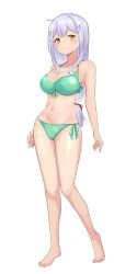 Rule 34 | 1girl, absurdres, ao (flowerclasse), barefoot, bikini, blush, breasts, cleavage, commentary, cross hair ornament, front-tie bikini top, front-tie top, full body, gabriel dropout, green bikini, hair ornament, hair ribbon, highres, long hair, looking at viewer, low-tied long hair, medium breasts, raphiel shiraha ainsworth, red ribbon, ribbon, side-tie bikini bottom, silver hair, simple background, smile, solo, standing, swimsuit, white background, yellow eyes