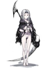 Rule 34 | 1girl, barefoot, chain, cloak, closed mouth, collarbone, cuffs, grey hair, highres, hood, hood down, hooded cloak, long hair, navel, original, own hands together, pale skin, pointy ears, purple cloak, qiongsheng, red eyes, scythe, shackles, simple background, skeletal arm, sketch, skull, solo, standing, torn, torn cloak, torn clothes, weapon, weapon on back, white background