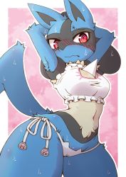 Rule 34 | 1girl, @ @, acky, animal ears, armpits, arms behind head, blue fur, blush, body fur, cat ear panties, cat lingerie, commentary request, cowboy shot, creatures (company), furry, furry female, game freak, gen 4 pokemon, highres, lucario, meme attire, navel, nintendo, panties, pokemon, pokemon (creature), red eyes, solo, standing, sweat, nervous sweating, tail, underwear, white panties, wide hips