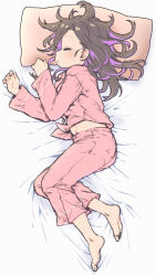 Rule 34 | 1girl, absurdres, barefoot, bed sheet, black hair, closed eyes, commentary request, feet, full body, highres, light blush, long hair, long sleeves, lying, matado (almukha), messy hair, midriff peek, multicolored hair, on bed, on side, onii-chan wa oshimai!, open mouth, oyama mihari, pajamas, pants, pillow, pink pajamas, pink pants, pink shirt, purple hair, shirt, sleeping, solo, streaked hair, toes, twitter username, two-tone hair