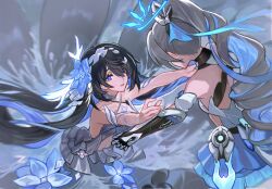 Rule 34 | 2girls, armor, bare shoulders, black hair, blonde hair, blue eyes, blue flower, breasts, bronya zaychik, bronya zaychik (herrscher of truth), chest tattoo, chinese commentary, dress, drill hair, flower, grey hair, hair between eyes, halo, high ponytail, highres, honkai (series), honkai impact 3rd, horns, long hair, looking at another, mie xing, multicolored hair, multiple girls, parted lips, seele vollerei, seele vollerei (herrscher of rebirth), single drill, small breasts, tattoo, white armor, white dress, yuri