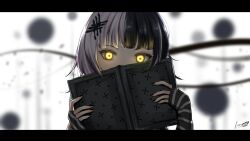 Rule 34 | 1girl, black hair, black nails, book, covering own mouth, grey hair, hair ornament, highres, hololive, hololive english, lominoes, looking at viewer, multicolored hair, shiori novella, signature, split-color hair, striped arm warmers, two-tone hair, virtual youtuber, white background, yellow eyes