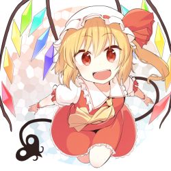 Rule 34 | 1girl, :d, ascot, bad id, bad pixiv id, blonde hair, bow, fangs, flandre scarlet, frilled shirt collar, frilled skirt, frills, full body, hair between eyes, hat, hat bow, hat ribbon, laevatein, looking at viewer, mob cap, open mouth, puffy short sleeves, puffy sleeves, red eyes, red ribbon, red skirt, red vest, ribbon, short sleeves, side ponytail, skirt, smile, solo, touhou, vest, white hat, wings, wrist cuffs, yopan danshaku