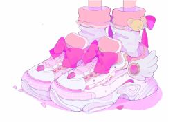 Rule 34 | bow, bow legwear, colored shadow, cross-laced footwear, footwear bow, footwear focus, frilled socks, frills, highres, kero (cardcaptor sakura), mini wings, no humans, original, pepparmint310, pink bow, pink footwear, pink petals, pink socks, pink theme, shadow, shoes, simple background, sneakers, socks, two-tone footwear, two-tone socks, white background, white footwear, white socks, white wings, winged footwear, wings