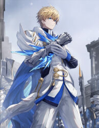 Rule 34 | 4boys, ahoge, armor, artist name, axe, battle axe, black shirt, blonde hair, blue cape, blue eyes, blue ribbon, building, buttons, cape, clenched hand, closed mouth, cowboy shot, crossed bangs, day, frown, fuyuni0307, gauntlets, gepard landau, gloves, hair between eyes, hands up, helmet, highres, holding, holding weapon, honkai: star rail, honkai (series), jacket, long sleeves, looking ahead, male focus, mask, multiple boys, outdoors, pants, pauldrons, ribbon, serious, shirt, short hair, shoulder armor, silvermane guard (honkai: star rail), single gauntlet, single pauldron, snowing, solo focus, standing, tassel, v-shaped eyebrows, weapon, white gloves, white jacket, white pants