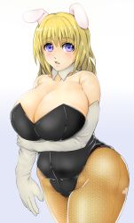 Rule 34 | 1girl, animal ears, bare shoulders, blonde hair, blush, breasts, rabbit ears, cleavage, covered erect nipples, highres, huge breasts, kumahachi, long hair, looking at viewer, open mouth, original, pantyhose, plump, purple eyes, solo, thick thighs, thighs, wide hips