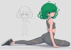 Rule 34 | 1girl, absurdres, alternate costume, ass, closed mouth, curly hair, daniel deves, exercising, flexible, flipped hair, green eyes, green hair, grey background, high-waist pants, highres, midriff, one-punch man, pants, shoes, short hair, simple background, sneakers, socks, solo, sports bra, sportswear, stomach, stretching, sweat, tank top, tatsumaki, yoga pants