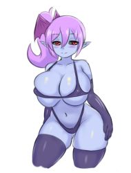 Rule 34 | 1girl, aged up, alternate breast size, bare shoulders, bikini, black bikini, black gloves, black sclera, black thighhighs, blush, breasts, collarbone, colored sclera, commentary, contrapposto, covered erect nipples, cowboy shot, devil (monster girl encyclopedia), elbow gloves, gloves, hand on own thigh, highres, huge breasts, long hair, looking at viewer, monster girl encyclopedia, monster girl encyclopedia ii, nav (itsnav), pointy ears, purple hair, red eyes, side ponytail, simple background, skindentation, smile, solo, swimsuit, thick thighs, thighhighs, thighs, white background, wing hair ornament