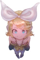 Rule 34 | 1girl, blonde hair, blue eyes, boots, bow, bowtie, collarbone, detached sleeves, foreshortening, full body, hair bow, hair ornament, hairclip, hands up, highres, kagamine rin, looking at viewer, rasetsu001, sailor collar, short hair, simple background, smile, solo, standing, swept bangs, vocaloid, white background, white bow