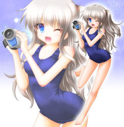 Rule 34 | 10s, 1girl, blue eyes, blue one-piece swimsuit, blue school swimsuit, camcorder, charlotte (anime), hair ornament, long hair, old school swimsuit, one-piece swimsuit, red scrunchie, school swimsuit, scrunchie, shion faru, silver hair, solo focus, swimsuit, tomori nao, twintails, two side up, video camera, zoom layer