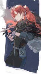 1boy black_cape black_gloves black_pants cape closed_mouth commentary_request crepus_(genshin_impact) cropped_legs delusion_(genshin_impact) genshin_impact gloves hair_between_eyes highres long_hair male_focus mare6ns pants partially_fingerless_gloves ponytail profile red_eyes red_hair signature simple_background single_glove solo