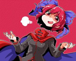 Rule 34 | 1girl, bow, cape, disembodied head, hair bow, long sleeves, open mouth, red eyes, red hair, sekibanki, shinapuu, shirt, short hair, shrugging, skirt, smile, solo, touhou