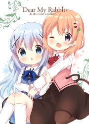 Rule 34 | 2girls, ;d, absurdres, black skirt, blue bow, blue eyes, blue hair, blue vest, blush, bow, brown legwear, chatsune (white lolita), chestnut mouth, commentary request, copyright name, cover, cover page, gochuumon wa usagi desu ka?, hair between eyes, hair ornament, hairclip, highres, hoto cocoa, kafuu chino, kneehighs, light brown hair, long hair, long sleeves, multiple girls, one eye closed, open mouth, pantyhose, parted lips, pink vest, purple eyes, rabbit house uniform, red bow, shirt, skirt, sleeves past wrists, smile, socks, uniform, very long hair, vest, waitress, white background, white legwear, white shirt, x hair ornament