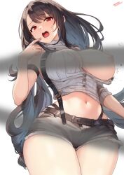 Rule 34 | 1girl, :o, absurdres, alternate costume, arm strap, belt, black belt, black hair, blush, breasts, censored, commission, cutoffs, denim, denim shorts, final fantasy, final fantasy vii, floating hair, flying button, grey shirt, grey sweater, hand up, highres, large breasts, long hair, looking at viewer, midriff, navel, nipples, one breast out, open mouth, panty straps, red eyes, rehu, shirt, short shorts, shorts, solo, stomach, suspender shorts, suspenders, sweatdrop, sweater, tifa lockhart, turtleneck, turtleneck sweater, wardrobe malfunction, white background, wide hips