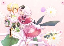 Rule 34 | 2girls, black bow, blonde hair, boots, bow, bowtie, braid, breasts, brooch, cleavage, eye contact, flower, flower knight girl, frilled hairband, frills, gem, gloves, green skirt, hair bow, hair flower, hair ornament, hairband, holding hands, jewelry, looking at another, mizunashi (second run), multiple girls, nichinichisou (flower knight girl), pantyhose, pink skirt, profile, red eyes, shawl, short hair, skirt, smile, suiren (flower knight girl), thigh boots, thighhighs, white footwear, white gloves, white hair, white hairband, white legwear, yellow bow, yellow eyes