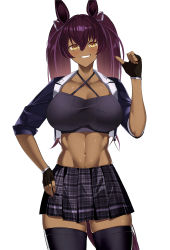 Rule 34 | 1girl, abs, animal ears, blush, breasts, commentary, commission, cowboy shot, cropped jacket, dark-skinned female, dark skin, english commentary, fingerless gloves, gloves, hair between eyes, hand on own hip, highres, horse ears, horse girl, horse tail, kurozawa yui, large breasts, long hair, looking at viewer, midriff, nail polish, navel, parted lips, pixiv commission, purple hair, simple background, skirt, solo, tail, teeth, thighhighs, toned, twintails, umamusume, white background, yellow eyes, zettai ryouiki