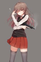 Rule 34 | 1girl, ;), arm up, blush, brown eyes, brown hair, closed mouth, collared shirt, commentary request, grey background, grey thighhighs, gun, handgun, highres, holding, holding gun, holding weapon, long hair, long sleeves, looking at viewer, one eye closed, original, pistol, pleated skirt, red skirt, school uniform, shirt, simple background, skirt, smile, smoke, solo, standing, sweater vest, thighhighs, very long hair, weapon, weapon request, white shirt, yakob labo