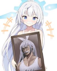 Rule 34 | 1girl, absurdres, blue archive, blue eyes, blue halo, cherino (blue archive), cherino (hot spring) (blue archive), facial hair, fake facial hair, genderswap, genderswap (ftm), grey hair, halo, highres, long hair, looking at viewer, one-piece swimsuit, photo (object), redshark (t373412), school swimsuit, simple background, solo, swimsuit, white background, white facial hair, white swimsuit