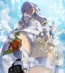 Rule 34 | 2girls, bandages, blush, fate/grand order, fate (series), fujimaru ritsuka (female), giant, giantess, highres, kingprotea (fate), multiple girls, orange hair, outdoors, peeing, golden shower, peeing on viewer, peeing self, ricochet-gou, side ponytail, size difference
