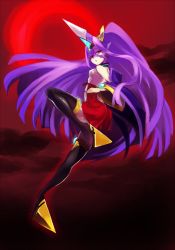 Rule 34 | 1girl, backless outfit, bad id, bad twitter id, black thighhighs, blazblue, blazblue: central fiction, breasts, detached sleeves, hades izanami, juzu (tace clama nt), long hair, mikado (blazblue), nail polish, purple hair, red eyes, red skirt, sideboob, skirt, small breasts, solo, thighhighs, very long hair