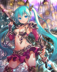 Rule 34 | 1girl, aqua eyes, aqua hair, armor, bad id, bad pixiv id, breasts, building, contrapposto, cowboy shot, detached sleeves, hatsune miku, highres, light particles, long hair, looking at viewer, magic, midriff, miniskirt, navel, outdoors, pauldrons, purple skirt, purple thighhighs, shoulder armor, skirt, small breasts, smile, solo, staff, standing, suishougensou, thighhighs, twintails, vambraces, very long hair, vocaloid