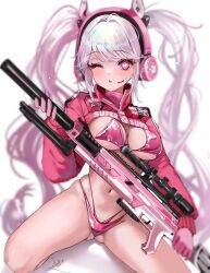 Rule 34 | 1girl, ;o, absurdres, alice (nikke), animal ear headphones, animal ears, bikini, blurry, blush, breasts, clothes writing, cowboy shot, cropped jacket, depth of field, dot nose, eyelashes, fake animal ears, gloves, gluteal fold, goddess of victory: nikke, gun, hair intakes, headphones, headset, heart, heart-shaped pupils, highres, holding, holding gun, holding weapon, jacket, long hair, long sleeves, looking at viewer, medium breasts, navel, one eye closed, open mouth, pink bikini, pink eyes, pink gloves, pink headphones, red jacket, rifle, rosebell, shiny clothes, sidelocks, signature, simple background, skin tight, skindentation, smile, solo, standing, string bikini, swimsuit, symbol-shaped pupils, thighs, twintails, weapon, white background, white hair
