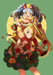 Rule 34 | 2girls, bell, black footwear, blonde hair, blue hair, blue ribbon, carrying, christmas, christmas ornaments, commentary, da huang, dress, english commentary, eyes visible through hair, flower, garland (decoration), gift, green background, green dress, green hair, grin, hair ornament, hair ribbon, holly, hoshikawa lily, jingle bell, leaning forward, long hair, medium dress, medium hair, multicolored hair, multiple girls, nikaidou saki, open mouth, orange hair, orange legwear, red flower, ribbon, shoes, short dress, shoulder carry, smile, snowman, star (symbol), star hair ornament, strapless, strapless dress, streaked hair, thighhighs, twintails, very long hair, w, yellow dress, yellow eyes, zombie land saga