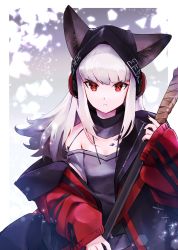 Rule 34 | 1girl, animal ears, arknights, beanie, black collar, black hat, black shirt, collar, diamond-shaped pupils, diamond (shape), e-bushi, ears through headwear, fox ears, frostleaf (arknights), hat, headphones, highres, holding, holding polearm, holding weapon, implied extra ears, jacket, long hair, looking at viewer, material growth, off-shoulder shirt, off shoulder, open clothes, open jacket, oripathy lesion (arknights), polearm, red eyes, red jacket, shirt, silver hair, solo, symbol-shaped pupils, upper body, weapon