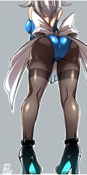 Rule 34 | 1girl, ass, back, backless outfit, black pantyhose, breasts, facing away, from below, gradient background, grey background, high heels, highres, izayoi sakuya, legs, leotard, long legs, pantyhose, pigeon-toed, signature, silver hair, solo, strappy heels, tajima yuuki, thighband pantyhose, thighs, touhou