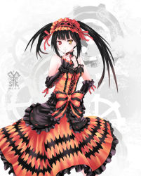 Rule 34 | 10s, 1girl, 2013, asymmetrical hair, black hair, c.m.h, choker, clock eyes, date a live, dated, detached sleeves, dress, finger to mouth, gothic lolita, hairband, hand on own hip, heterochromia, highres, index finger raised, lolita fashion, lolita hairband, long hair, red eyes, red ribbon, ribbon, smile, solo, symbol-shaped pupils, tokisaki kurumi, twintails, yellow eyes