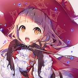 Rule 34 | 1girl, black gloves, blonde hair, blunt bangs, cape, elbow gloves, fangs, frilled sleeves, frills, gloves, grey background, hair ribbon, hat, holding, holding wand, kina (446964), long hair, looking at viewer, open mouth, orange eyes, red riding hood (sinoalice), ribbon, sidelocks, simple background, sinoalice, solo, wand, wavy hair, witch hat
