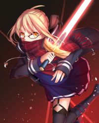 Rule 34 | 1girl, ahoge, aidesa, artoria pendragon (all), artoria pendragon (fate), bad id, bad pixiv id, black thighhighs, blonde hair, braid, fate/grand order, fate (series), garter straps, glasses, glowing, glowing sword, glowing weapon, gradient background, highres, holding, holding sword, holding weapon, jacket, looking at viewer, mysterious heroine x alter (fate), mysterious heroine x alter (first ascension) (fate), plaid, plaid scarf, red scarf, saber (fate), scarf, scarf over mouth, school uniform, skirt, sleeves past wrists, solo, sword, thighhighs, weapon, yellow eyes