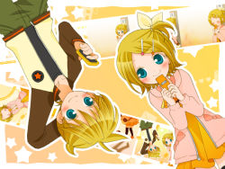 Rule 34 | 1boy, 1girl, alternate costume, blonde hair, blue eyes, blush, brother and sister, cellphone, hiyo (hiyococco), iphone, kagamine len, kagamine rin, phone, short hair, siblings, smartphone, smile, star (symbol), twins, vocaloid
