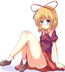 Rule 34 | 1girl, ass, bare legs, blonde hair, blue eyes, blush, hair ribbon, highres, looking at viewer, medicine melancholy, naba (take tonbo), open mouth, puffy sleeves, ribbon, shirt, short hair, short sleeves, simple background, sitting, skirt, solo, touhou, white background