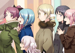 Rule 34 | 6+girls, :d, :o, ^ ^, age difference, akemi homura, alternate costume, arm at side, black coat, black hair, black ribbon, blonde hair, blue coat, blue hair, blurry, blurry background, blush, breasts, brown coat, buttons, child, closed eyes, coat, cream, crepe, curly hair, drill hair, eating, fingernails, food, food on face, food wrapper, fruit, fur-trimmed coat, fur trim, green coat, hair ornament, hair ribbon, hairband, hairclip, half-closed eyes, hand on another&#039;s shoulder, hand up, height difference, high ponytail, holding, holding food, index finger raised, kaname madoka, light smile, looking at another, looking away, looking back, mahou shoujo madoka magica, mahou shoujo madoka magica: hangyaku no monogatari, miki sayaka, momoe nagisa, multicolored background, multiple girls, open mouth, own hands clasped, own hands together, pink eyes, pink hair, pointing, pointing at self, polka dot, pom pom (clothes), ponytail, profile, purple eyes, purple hairband, red eyes, red hair, ribbon, sakura kyoko, short hair, sidelocks, small breasts, smile, straight hair, strawberry, takuan (takuanlunch), teeth, tomoe mami, twin drills, twintails, two side up, upper body, upper teeth only, walking, white hair, winter clothes, yellow eyes