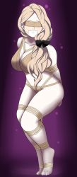 Rule 34 | 1girl, absurdres, arms behind back, ass, bare shoulders, bdsm, blindfold, blonde hair, blush, bondage, bound, bra, breasts, brown bra, brown panties, brown rope, cleavage, collarbone, dankestofdans, feet, female focus, fire emblem, fire emblem: three houses, gag, gagged, hair ornament, highres, improvised gag, intelligent systems, large breasts, long hair, mercedes von martritz, navel, nintendo, panties, ponytail, purple background, rope, shiny clothes, shiny skin, solo, tape, tape gag, thick thighs, thighs, underwear, very long hair
